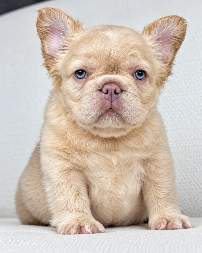 Cachorro Bulldog Francés crema de pelo largo y ojos claros, sentado sobre un sofá claro